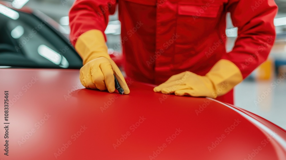 Poster a person in a red jumpsuit inspects a car's surface, using a tool to check for imperfections or dama