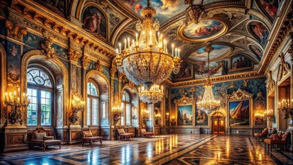 Fototapeta premium Luxurious Castle Grand Hall with Chandeliers and Tapestries, Surreal Elegance in Royalty Atmosphere