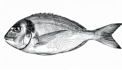 Gilt-head bream, fish, Dorado, seafood, sketch. Vintage retro print, seafood fish sketch, sea life, ink pencil style drawing engrave old school sketch, hand drawn. Sketch artwork fish. Illustration