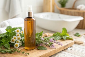 A bottle of golden herbal oil rests on a wooden cutting board, surrounded by fresh mint, lavender, and daisies. In the background, a white bathtub and soft textiles create a calming atmosphere in a se