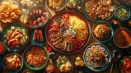 A cozy collage of classic comfort foods including mac and cheese, fried chicken, mashed potatoes, and pie, each beautifully arranged on inviting, rustic dishes, with warm,