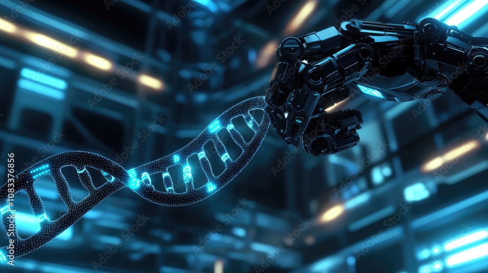 Poster high-tech robotic arm interacting with dna laboratory 3d visualization futuristic environment close-