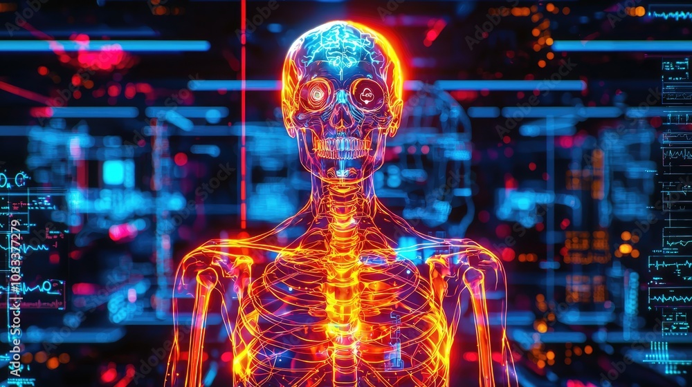 Poster 3d glowing skeleton display medical science lab digital animation futuristic environment front view 