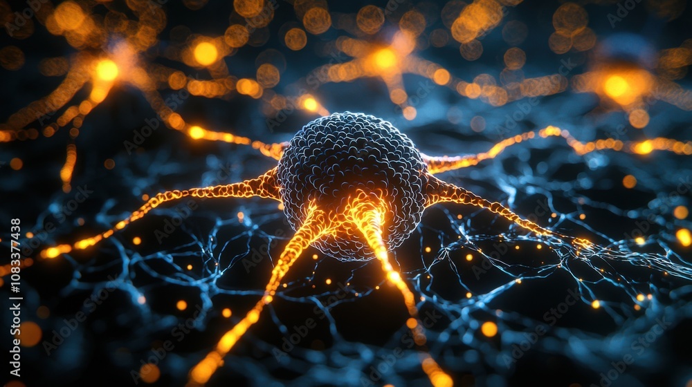 Poster microscopic neuron network glowing synapses neural connections brain cell