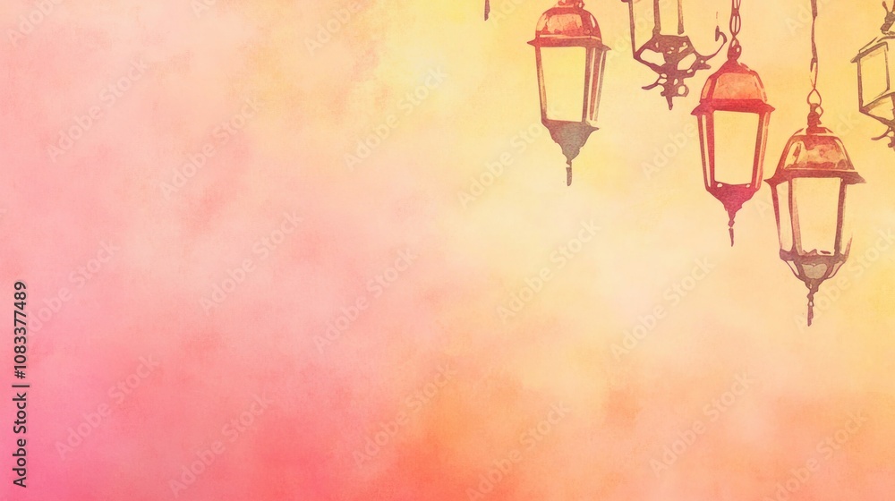 Poster a dreamy background with hanging lanterns and a colorful gradient.