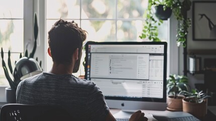 A business professional configuring an automated ad campaign on social media, with tools like Facebook Ads Manager displaying ad scheduling and targeting options