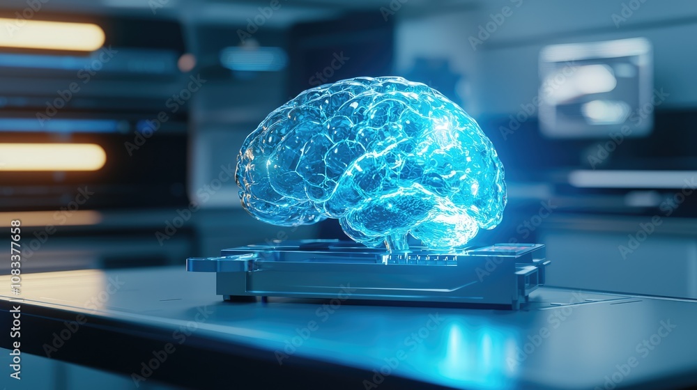 Poster advanced diagnostic scanner analyzing brain activity medical lab 3d visualization high-tech environm