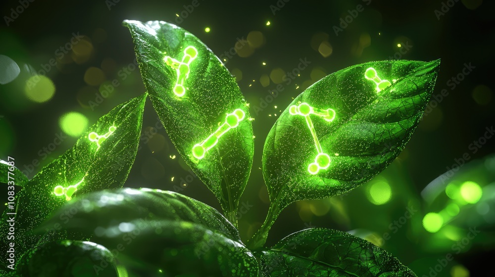 Poster innovative science in medicine 3d visualization of glowing molecules on leaves laboratory environmen