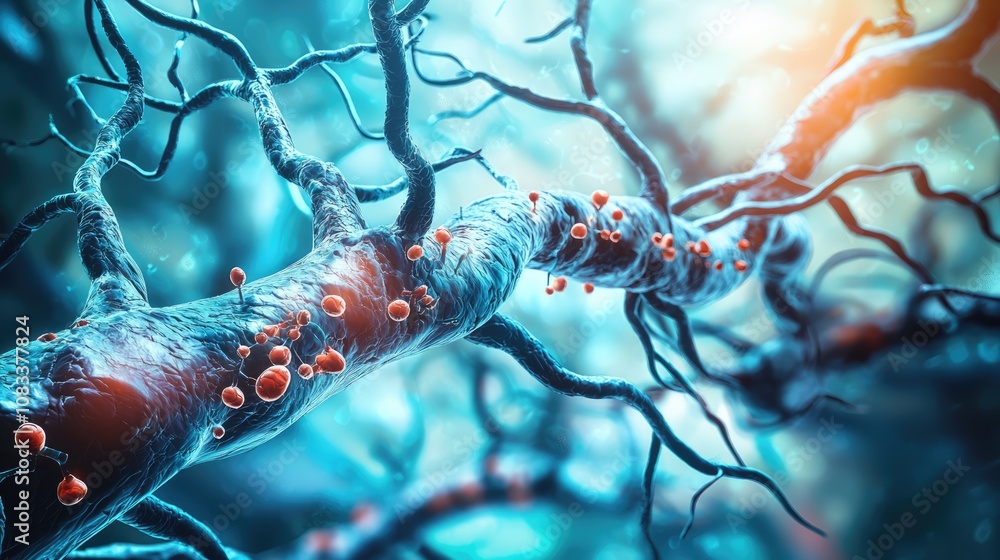 Poster exploring glowing bloodstream models medical science 3d visualization laboratory environment close-u