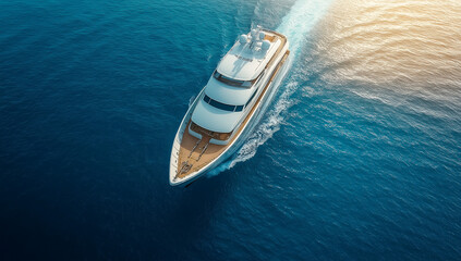 Fototapeta premium Luxury Yacht Cruising on Open Ocean at Sunset Aerial View 