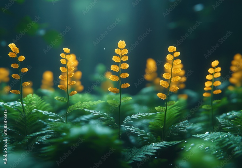 Poster here's a possible and keyword list for the image... luminous yellow wildflowers in a dark forest.