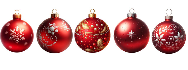 Isolated 5 red Christmas balls with different design on transparent background 