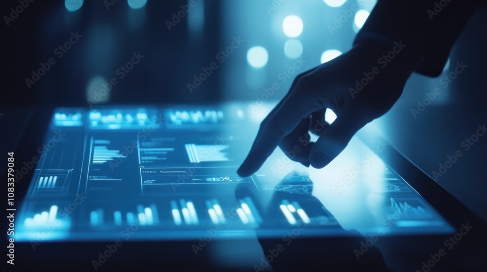 Poster a hand interacts with a glowing touchscreen displaying data and graphs.
