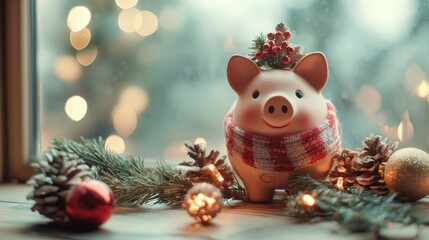 Festive piggy bank with Christmas decorations holiday savings and budgeting concept