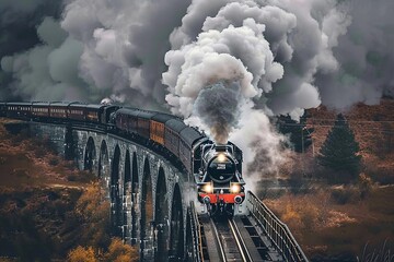 Vintage steam train crossing a historic viaduct under a cloudy sky during autumn in a scenic landscape. Generative AI