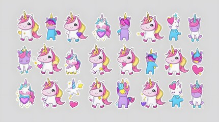 Obraz premium Adorable Collection of Kawaii Unicorns: A Delightful Set of Twenty-Four Whimsical Unicorn Stickers with Hearts and Stars