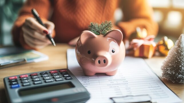 Festive finance planning with piggy bank calculator and Christmas decor holiday savings