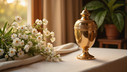  Golden cremation urn with daisies on a table