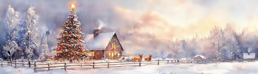 A farmhouse covered in snow with a decorated Christmas tree and farm animals looking at the lights in awe, Watercolor, Soft and dreamy, Light brushstrokes