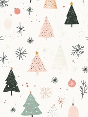 Festive winter design, pastel Christmas trees, snowflakes, ornaments. Simple, elegant, cozy.