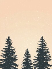 Obraz premium Serene winter scene, three minimalist fir trees, snowfall, pastel sky, Christmas spirit.