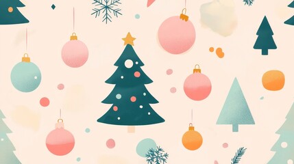 Fototapeta premium Festive Christmas design featuring pastel ornaments, minimalist Christmas trees, snowflakes, and soft color palette. Perfect for holiday cards, backgrounds, and festive decor.