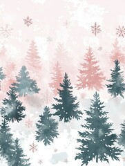 Obraz premium Pink and teal watercolor trees, snowflakes, winter, Christmas, festive.