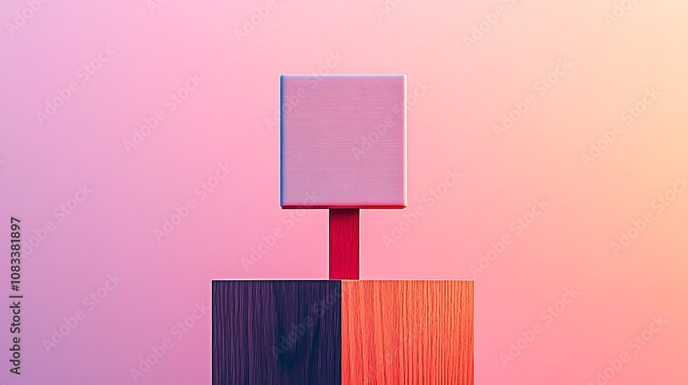 Poster abstract minimal composition with wooden blocks and a pink gradient background.