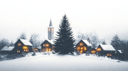 Fototapeta premium A picturesque snowy village at Christmas Eve, symbolizing peace, warmth, community, tradition, and winter wonder.