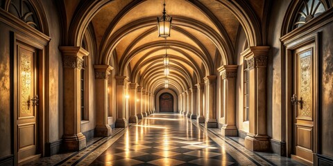 Obraz premium Long Hallway with Large Archway - Conceptual Photography of Architectural Design, Interior Space, Symmetry, Perspective, and Light Play