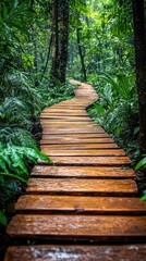 Obraz premium Wooden footbridge winding through lush tropical rainforest