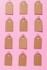 Top-down view of blank brown paper price tags set on a soft pink background.