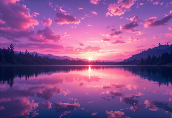 Tranquil Purple Sunset Reflecting on Still Lake Waters Creating Mirror-like Double Vision Effect