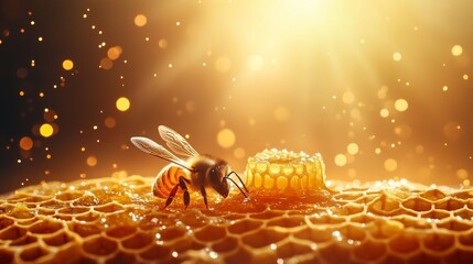 Fototapeta premium Honeybee collecting nectar on a honeycomb with golden light