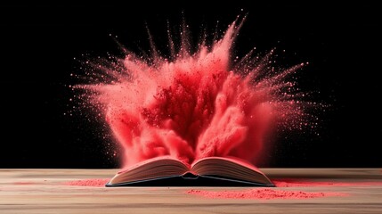 A captivating image of a book exploding with vibrant red powder, symbolizing the power of knowledge and creativity.