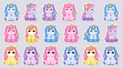 Adorable Collection of Pastel Unicorns: A Delightful Set of Cute Cartoon Unicorn Stickers for Kids and Unicorn Lovers