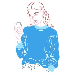Beautiful girl talking on smartphone. Young woman with luxurious hair. Colored lines.Flat...