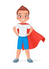 Little boy pretending to be a superhero with a red cape. Cartoon vector illustration.