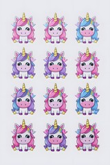 Obraz premium Adorable Collection of Twelve Cute Cartoon Unicorns with Pink, Purple, and Blue Hair; Whimsical Stickers Perfect for Kids' Crafts, Decorations, and Scrapbooking