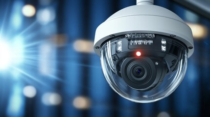 A close-up view of a dome security camera, highlighting its lens and red indicator light, against a blurred blue background.