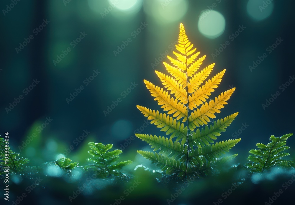 Poster here's a and keyword list for your stock photo.. illuminated fern sprout in forest.