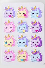 Adorable Kawaii Unicorn Stickers Sheet: Twelve Cute Pastel Unicorns with Hearts, Stars, and Rainbows, Perfect for Planners, Laptops, and More!