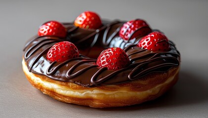 A single chocolate glazed donut topped with fresh strawberries against a grey background.