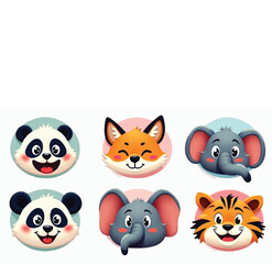Fototapeta premium Funny Animal Sticker Bundle - Cute Panda, Fox, Tiger, Elephant & Wildlife Designs