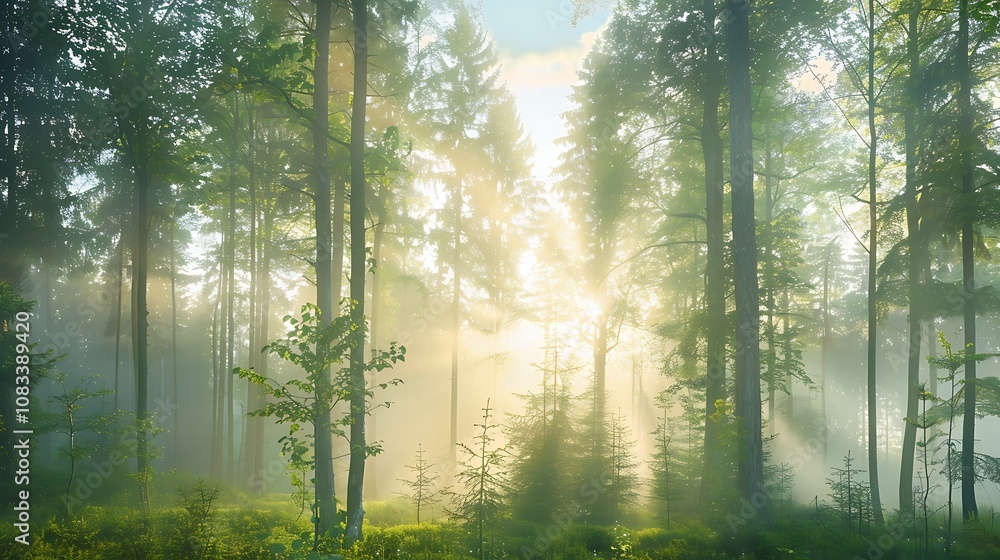 Poster sunlit misty forest with rays of sunlight filtering through the dense trees. the forest is calm and 