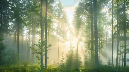 Sunlit misty forest with rays of sunlight filtering through the dense trees. The forest is calm and serene, with a dreamy and magical atmosphere.