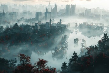 Fototapeta premium Misty morning landscape urban river aerial view serene environment dreamlike concept