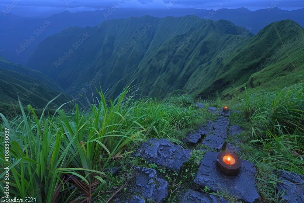 Poster a mountain range with a path leading to a small stone structure