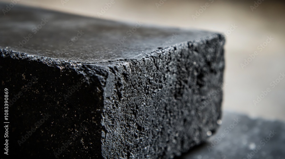 Poster close-up of a dark, porous, rectangular block's textured surface.