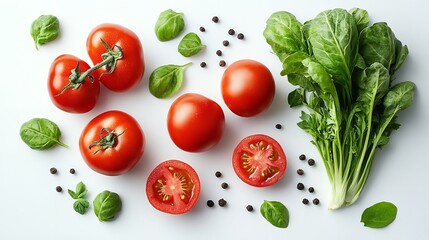 An assortment of vibrant vegetables including tomatoes, peppers, and leafy greens is beautifully arranged from a top-down perspective on a white surface